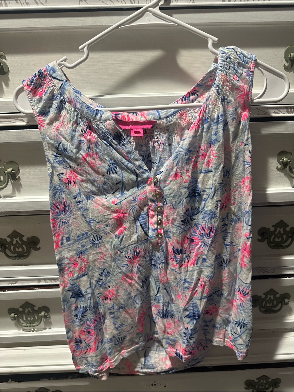 Lilly Pulitzer Large Blue Pink Floral Henley Tank Top